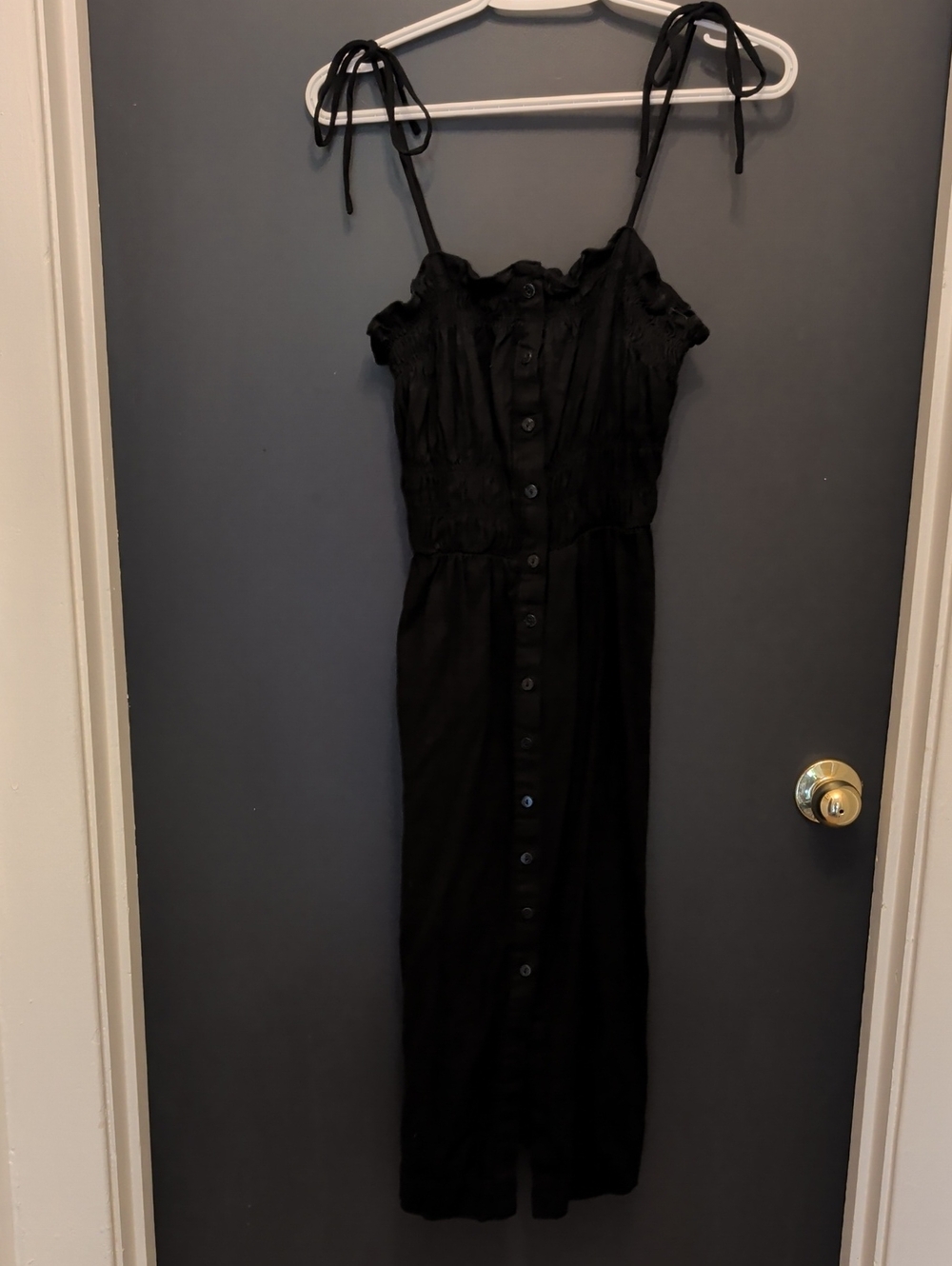 Black Tie-Shoulder Linen Blend Button-Front Women’s Maxi Dress